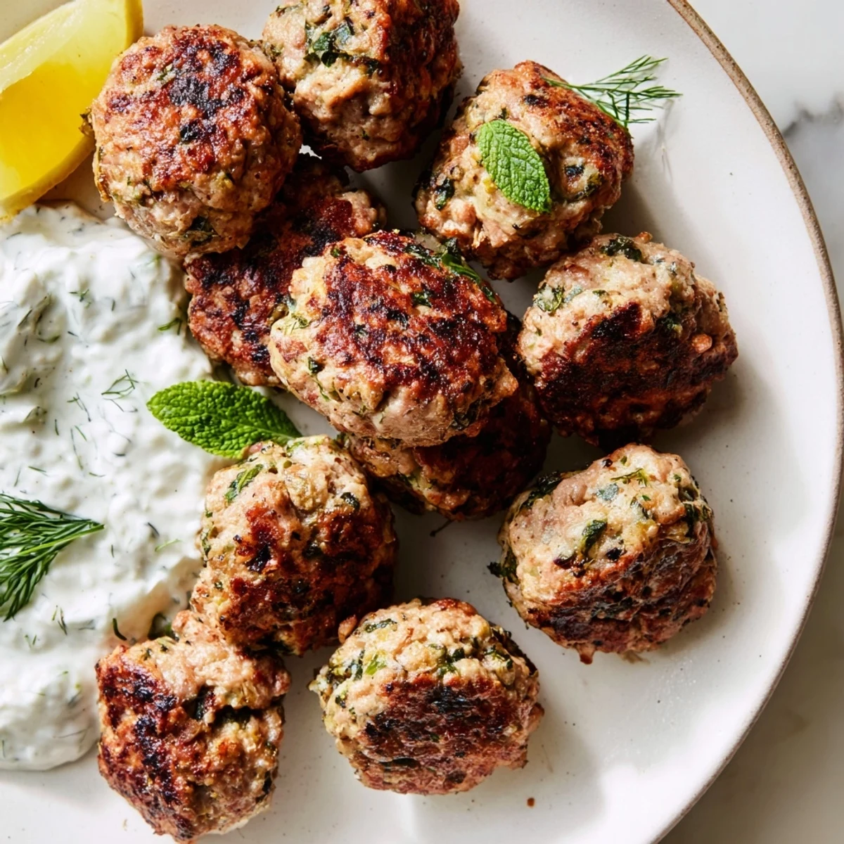 Golden Greek turkey meatballs nestled beside a bowl of cool, creamy tzatziki sauce