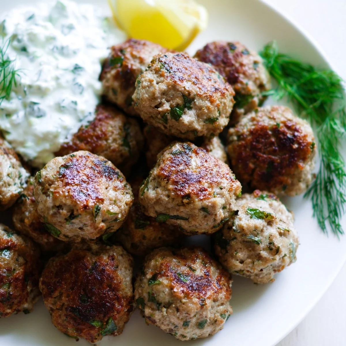 Crispy herb-flecked Greek turkey meatballs drizzled with tzatziki on a rustic white plate