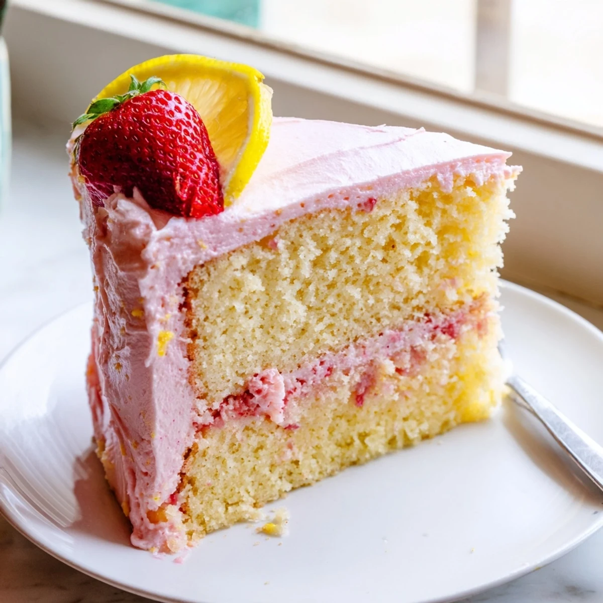 Pink strawberry lemonade cake with tangy cream cheese frosting, garnished with fresh berries