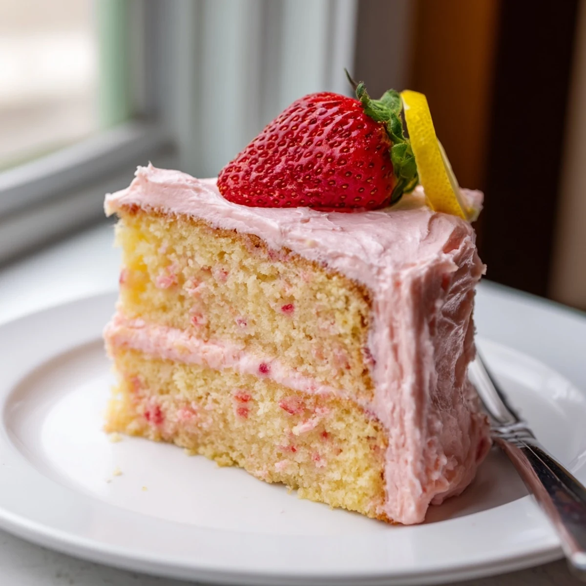 Moist strawberry lemonade cake layered with smooth citrus frosting and bright lemon slices
