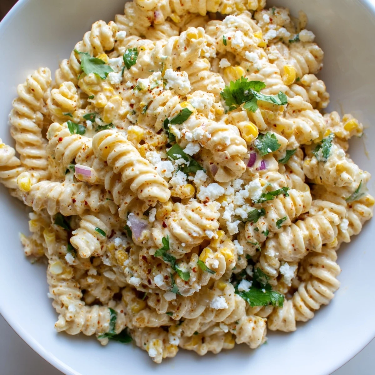 Hearty bowl of elote pasta salad garnished with lime wedges and diced red onion