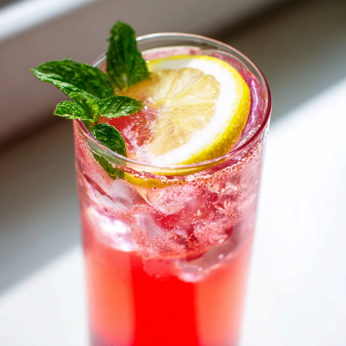 Sparkling Honey Lemon Pink Soda poured over ice with bright raspberry and lemon slices