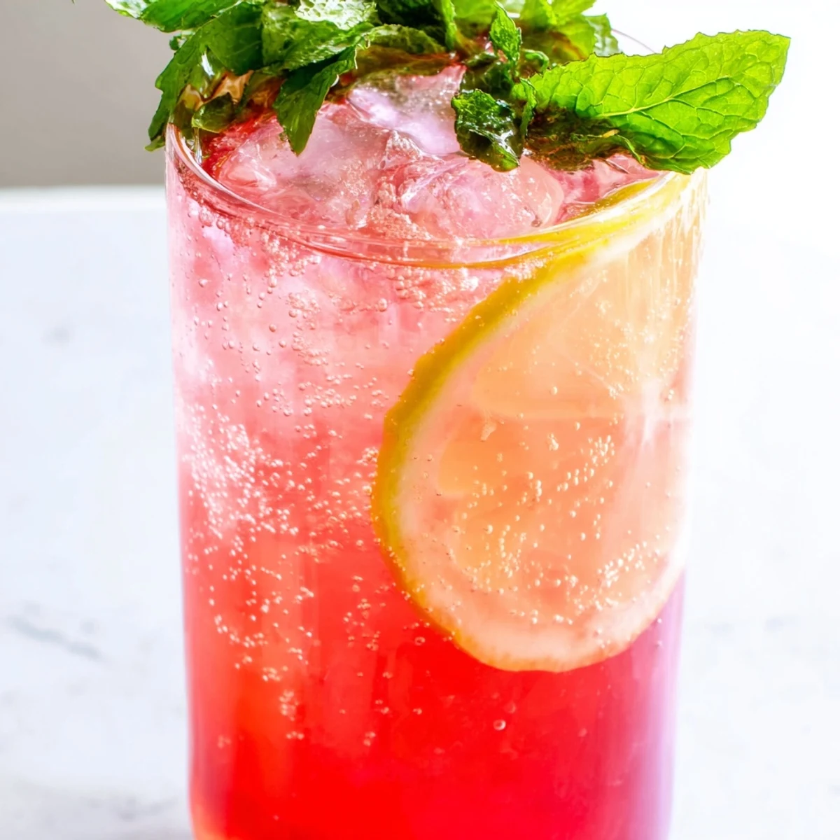Chilled Honey Lemon Pink Soda in a glass showing its vibrant rosy bubbly color