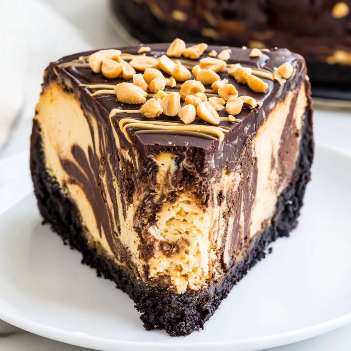 Silky chocolate peanut butter cheesecake with a glossy ganache topping and crushed peanut garnish