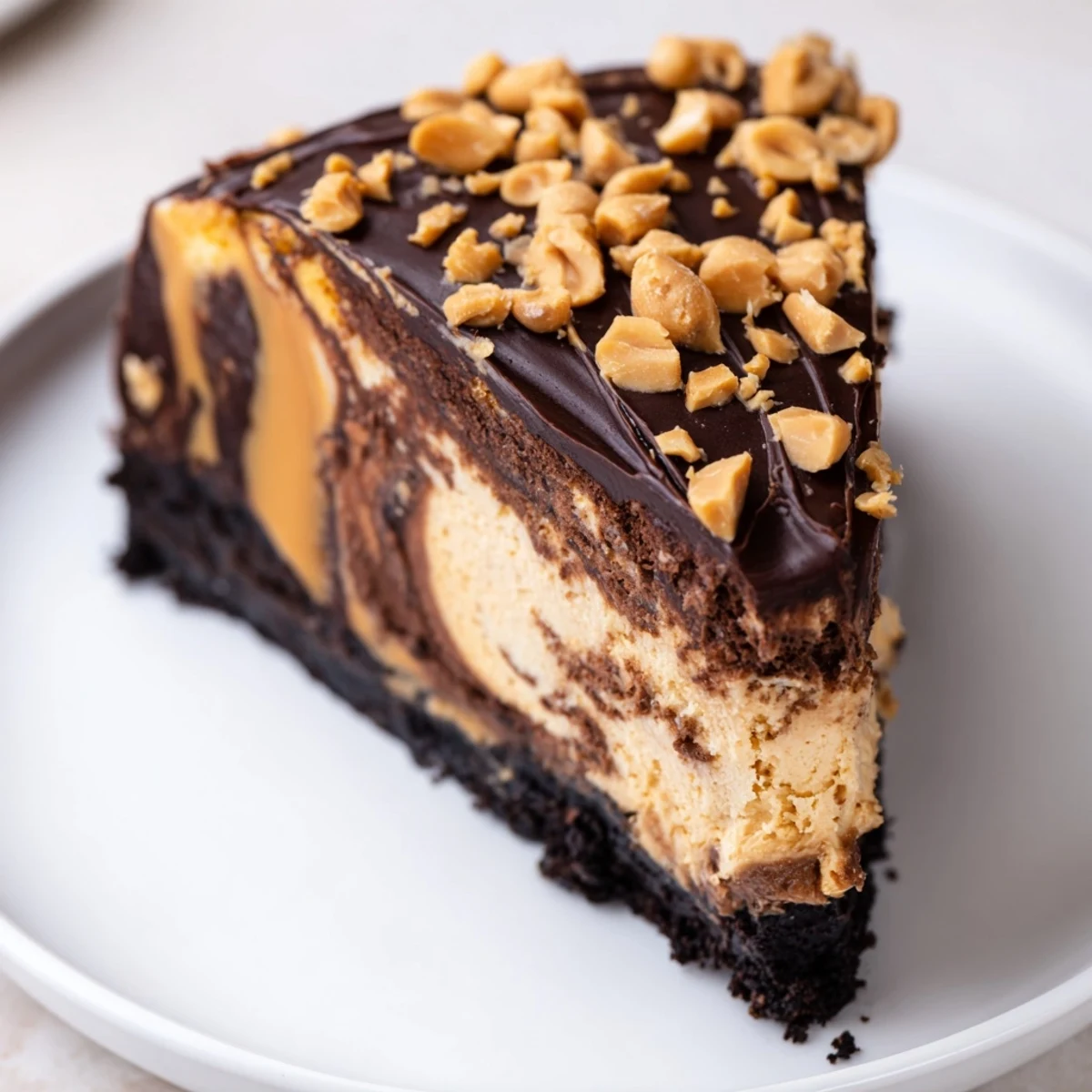 Decadent chocolate peanut butter cheesecake drizzled with warm ganache, served on a white dessert plate