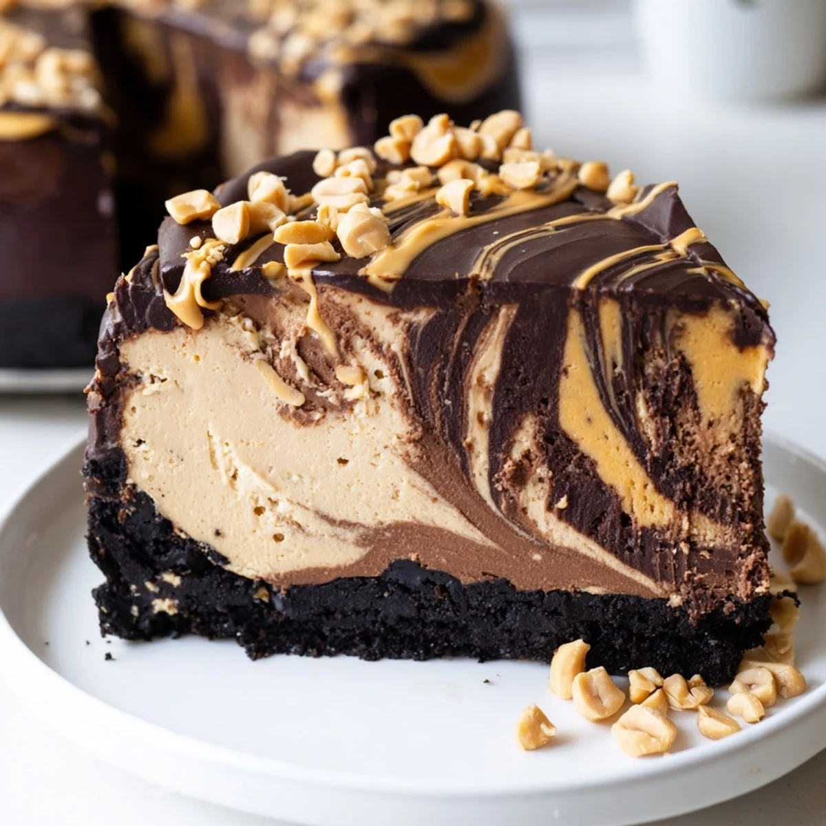 Creamy chocolate peanut butter cheesecake sliced to reveal a rich marbled filling on cookie crust