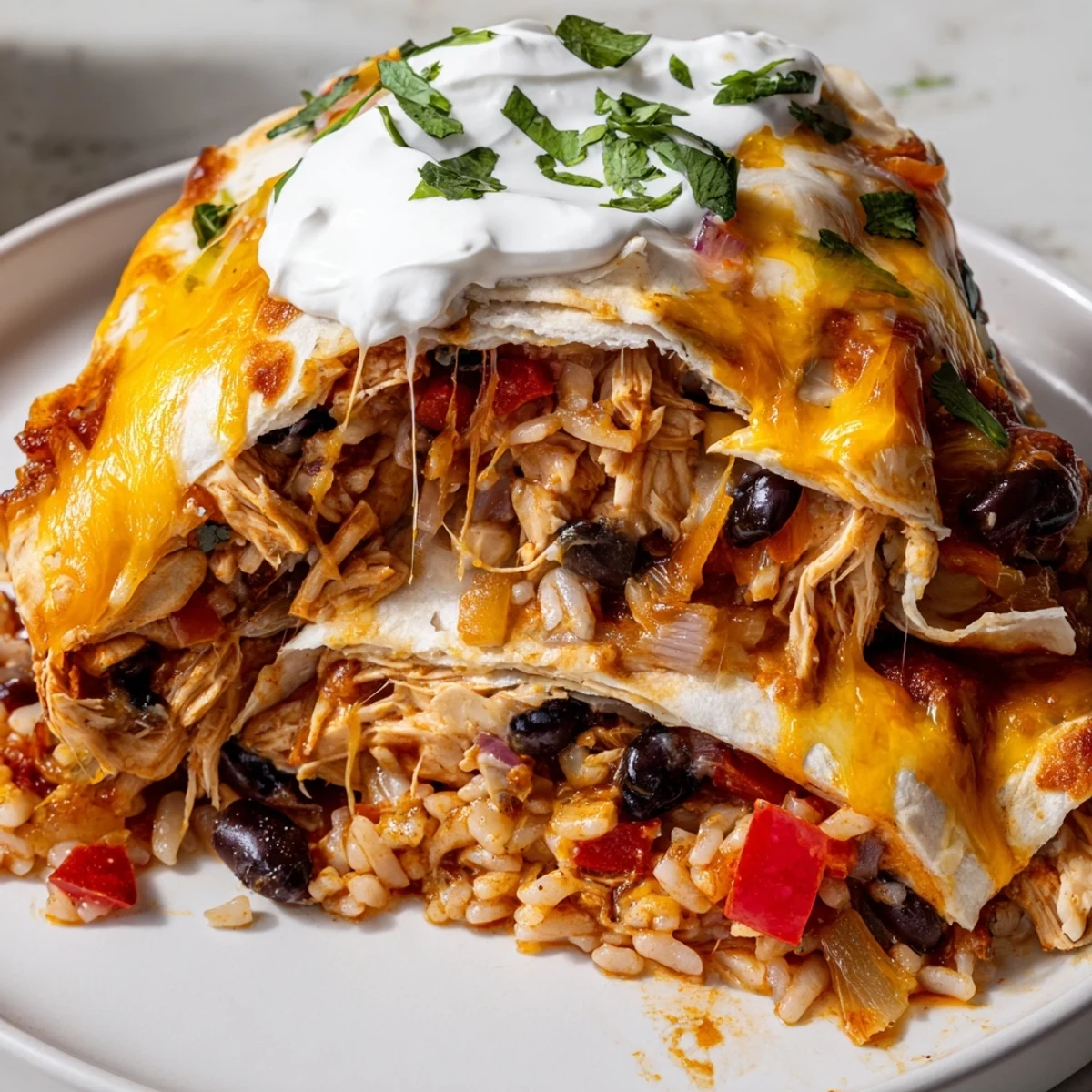 Golden chicken burrito casserole bubbling with melted cheese and fresh salsa