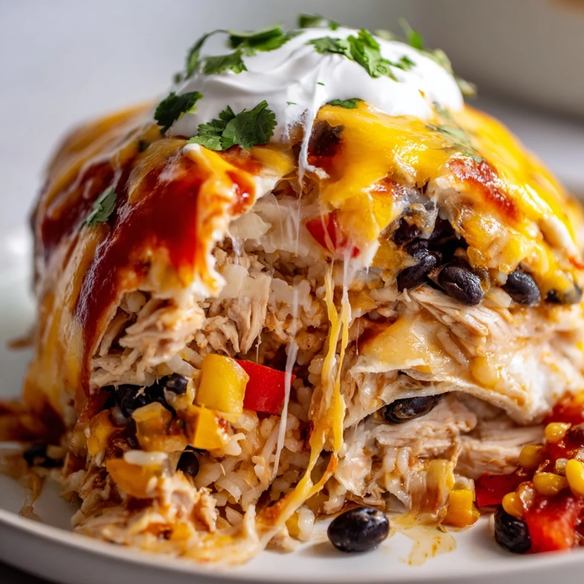 Creamy chicken burrito casserole layered with beans, rice, and gooey cheddar