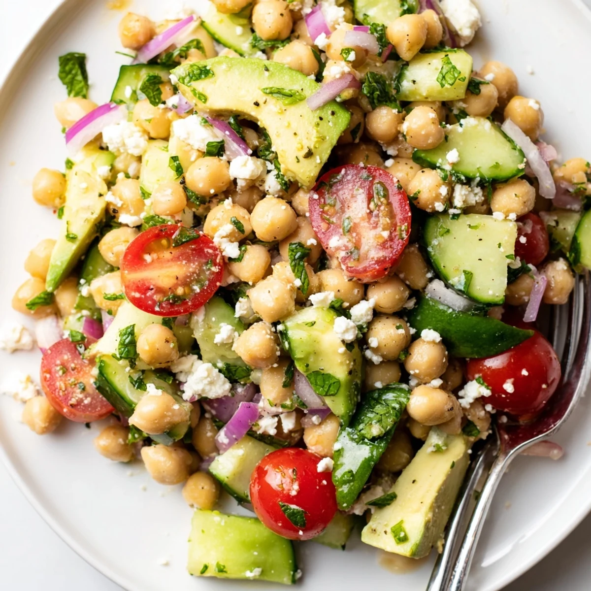 Creamy chickpea feta avocado salad tossed with fresh vegetables and zesty lemon dressing