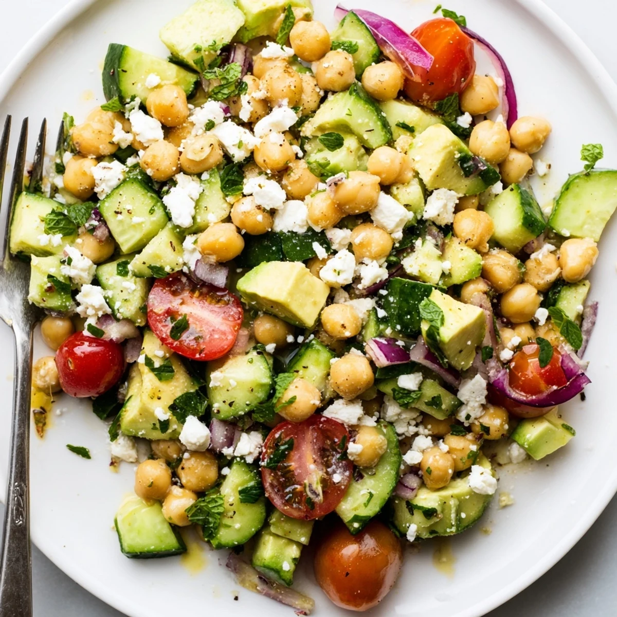 Colorful chickpea feta avocado salad topped with crumbled cheese and bright cherry tomatoes