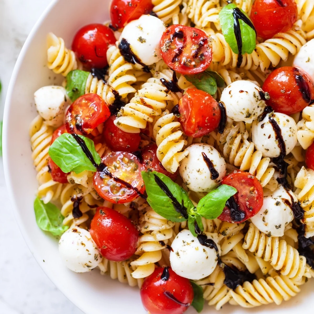 Colorful Caprese Pasta Salad with juicy tomatoes, fresh mozzarella, and fragrant basil leaves