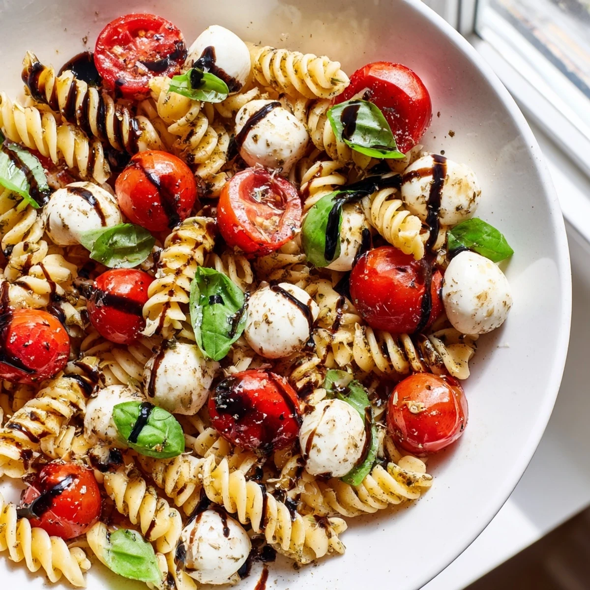 Caprese Pasta Salad drizzled with balsamic glaze, served chilled in a rustic bowl