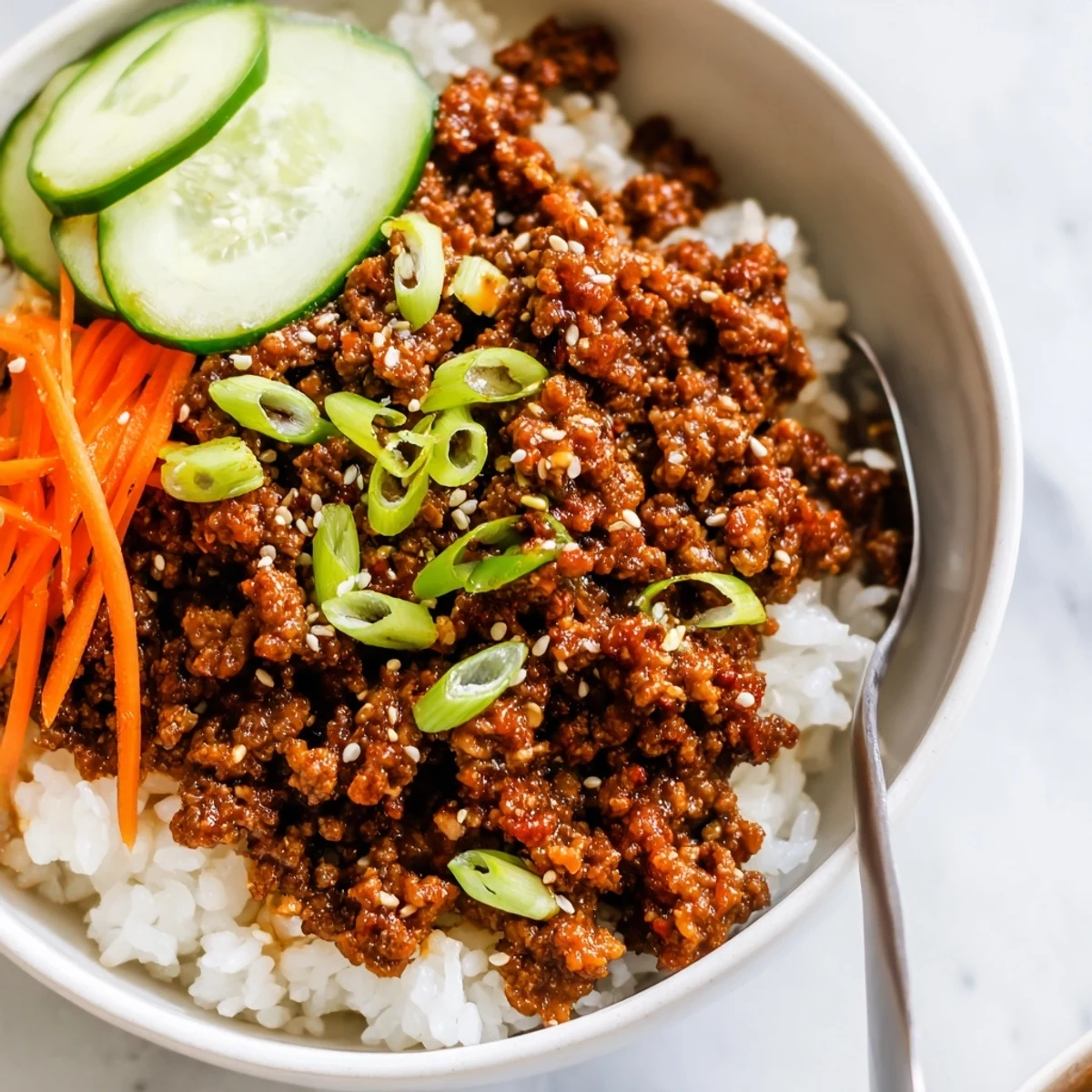 Korean ground beef bowl with glistening sesame-topped rice and fresh vegetable garnishes