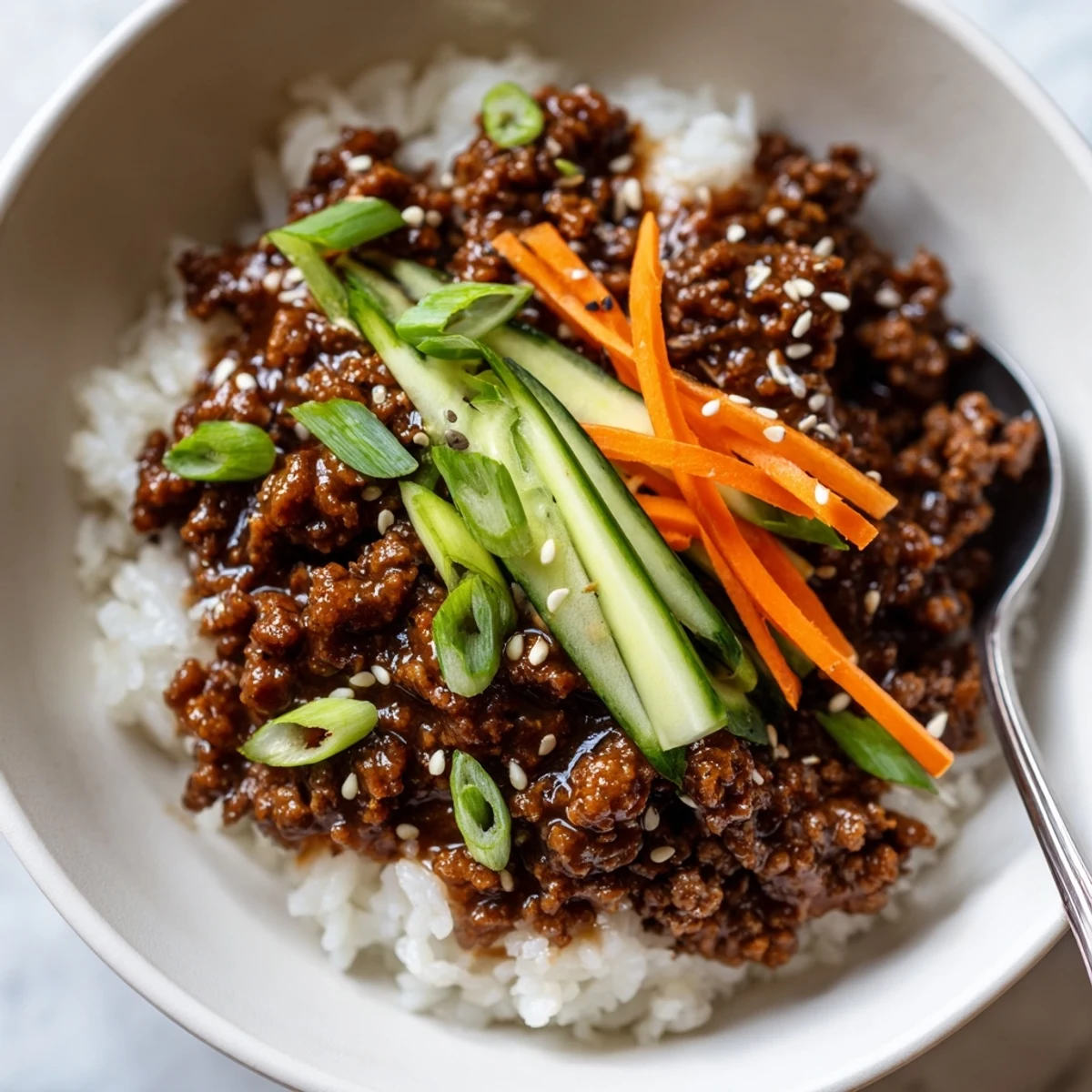 Steaming Korean ground beef bowl loaded with caramelized meat and crisp cucumber