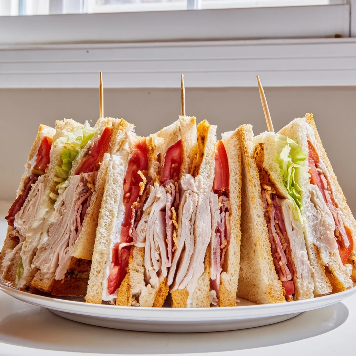 Classic club sandwich stacked with roasted turkey, crispy bacon, and fresh lettuce on toasted bread.