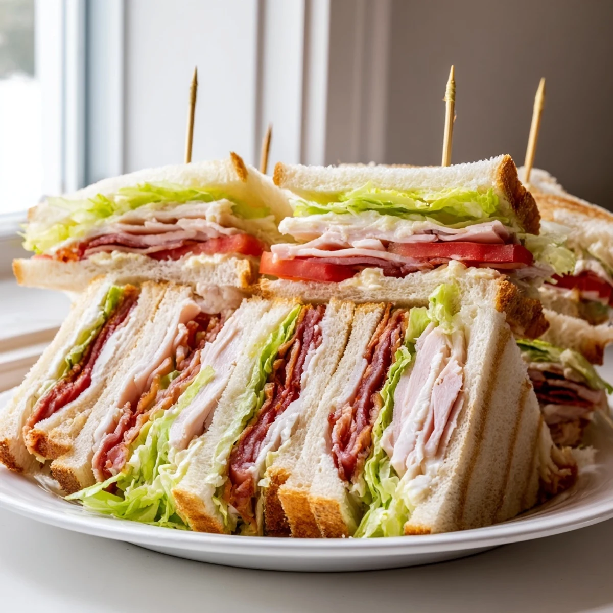 Triple-decker club sandwich layered with tender ham, ripe tomatoes, and creamy mayonnaise filling.