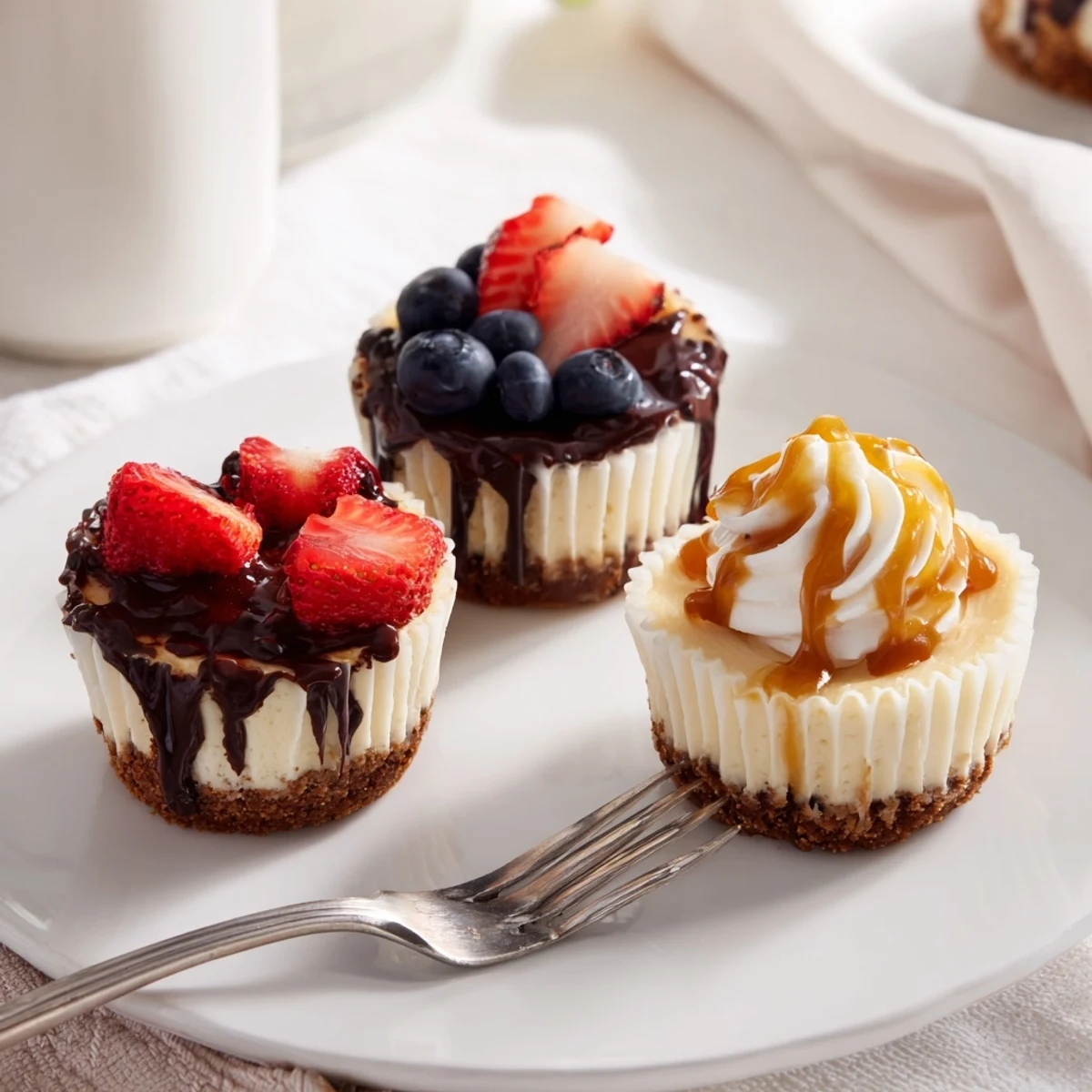 Creamy mini cheesecakes topped with fresh berries on a graham cracker crust