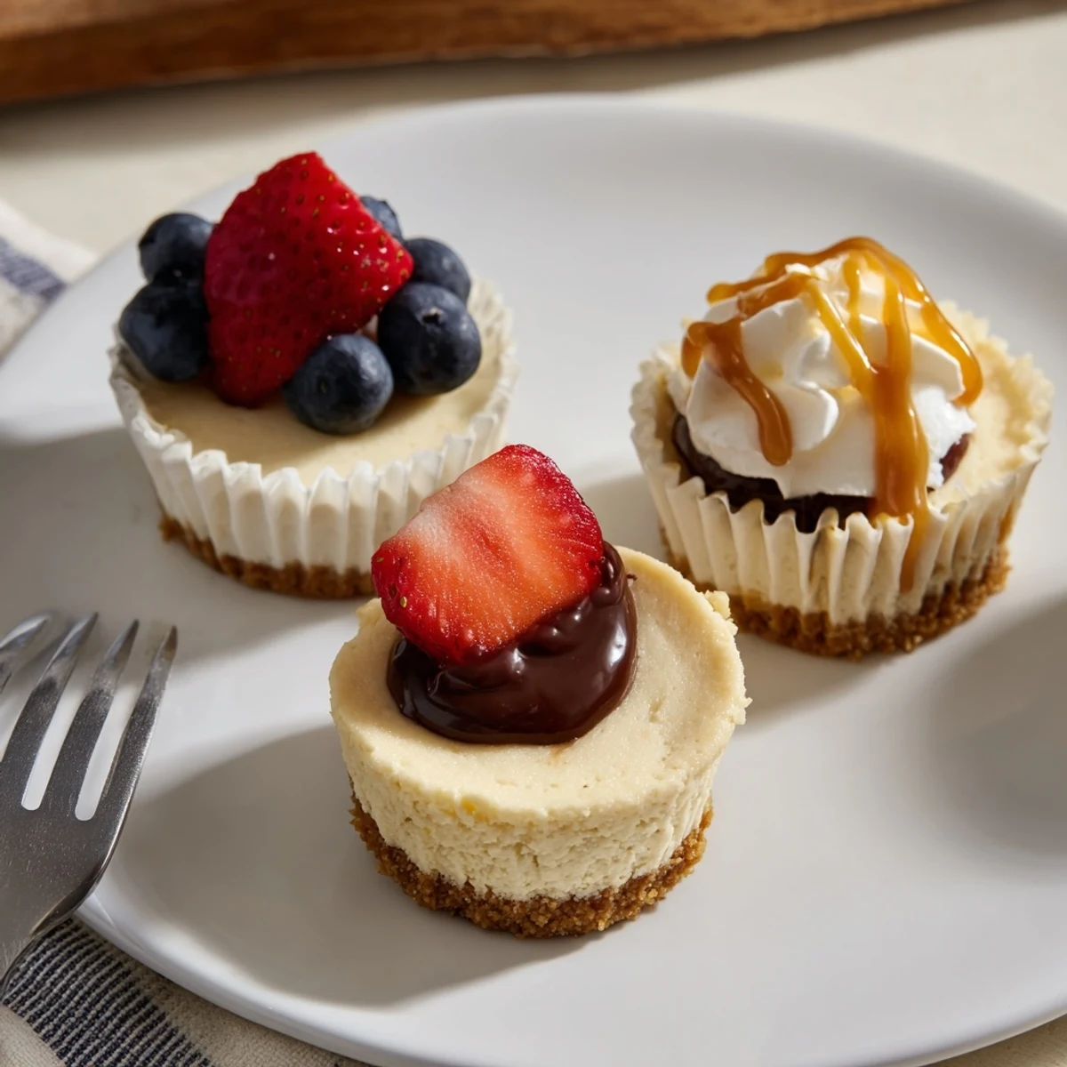 Individual mini cheesecakes drizzled with caramel and crowned with whipped cream