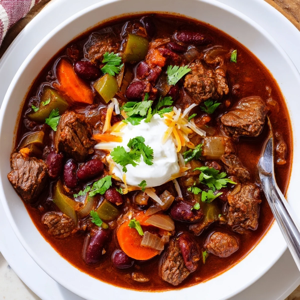 Thick beefy chili stew served steaming in a rustic bowl with fresh cilantro garnish