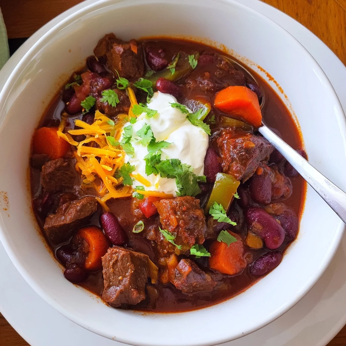 A close-up of beefy chili stew topped with sour cream and shredded cheddar cheese