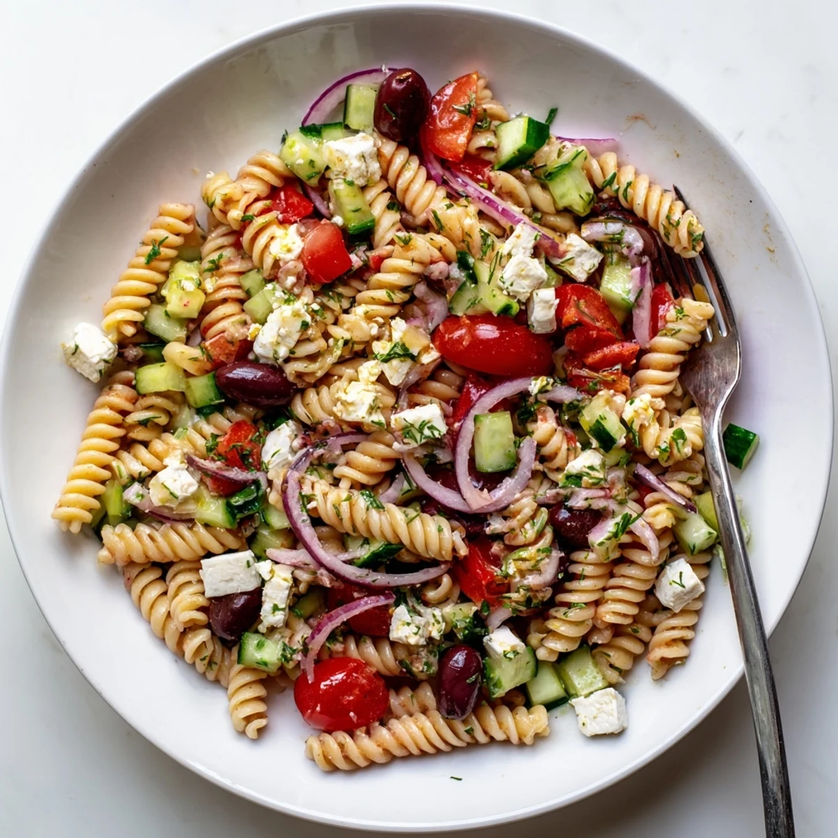 Colorful Greek pasta salad with crumbled feta, ripe tomatoes, and olives in a bowl