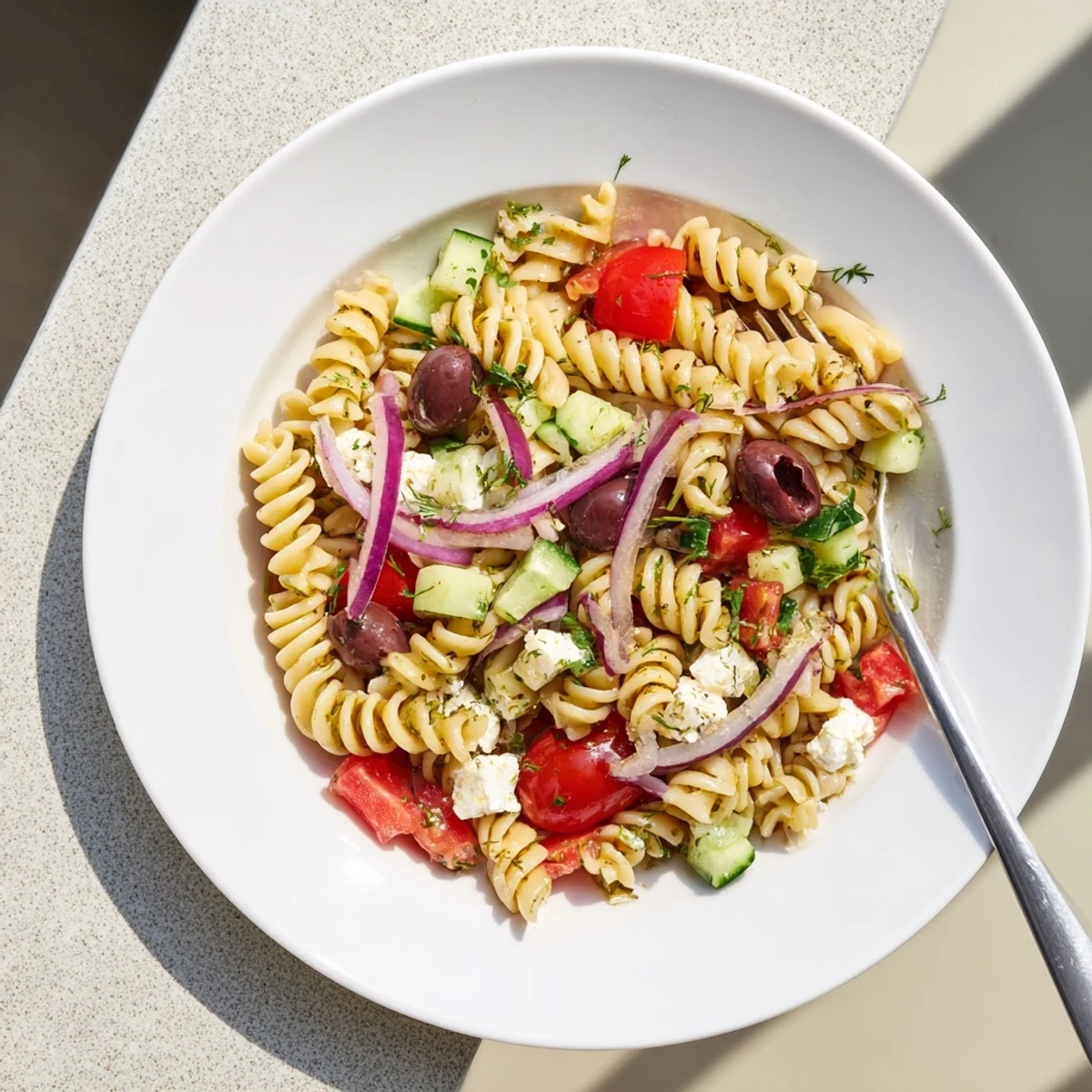 Creamy feta and Kalamata olives tossed through chilled Greek pasta salad on a platter