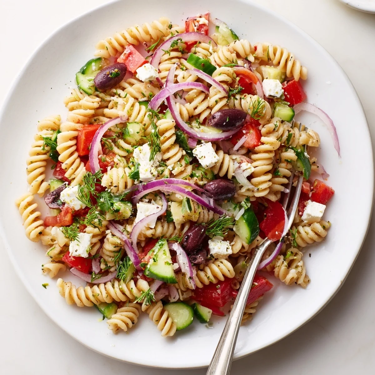 Bright Mediterranean Greek pasta salad garnished with fresh herbs and a zesty lemon dressing