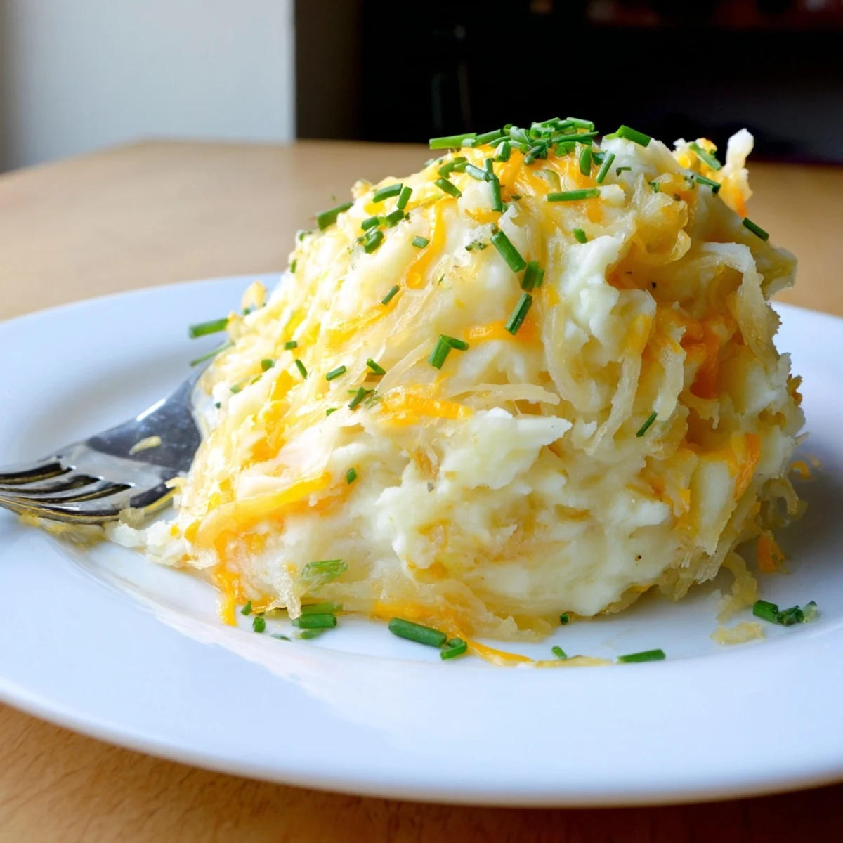 Creamy Cheesy Onion Mashed Potato Casserole bubbling with golden melted cheddar on top