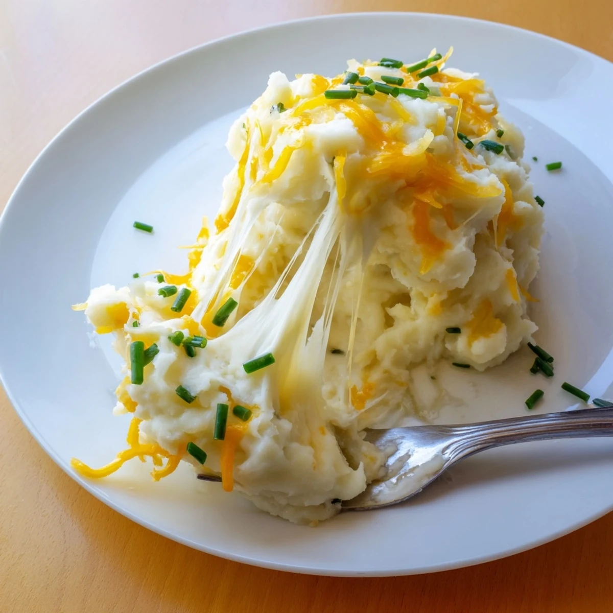Spoonful of Cheesy Onion Mashed Potato Casserole with gooey cheese and caramelized onions