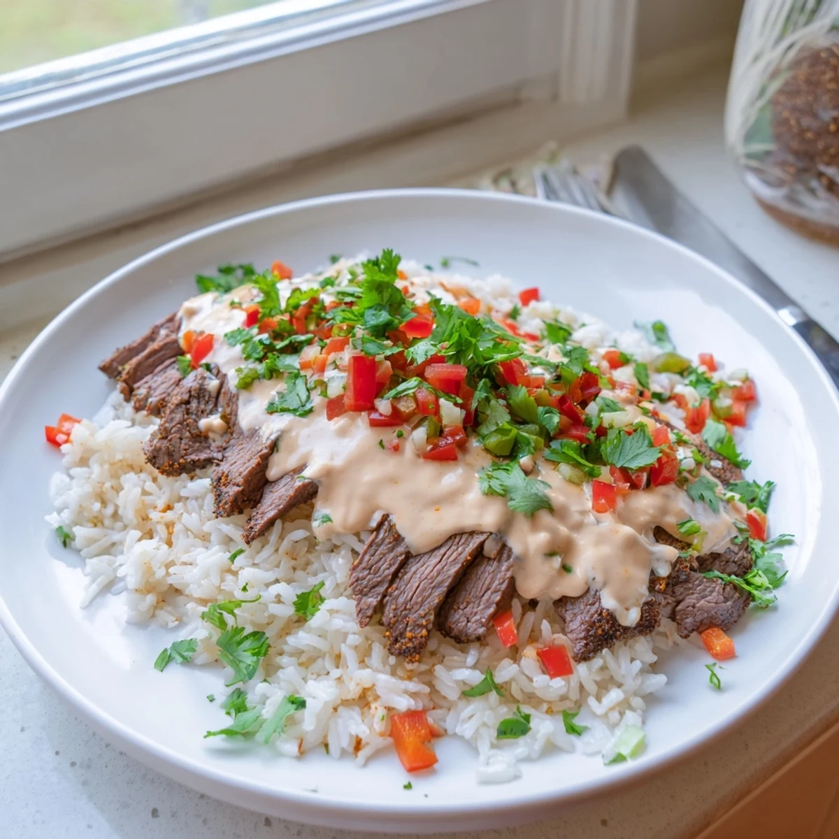 Creamy steak queso rice topped with melted cheese and fresh cilantro garnish