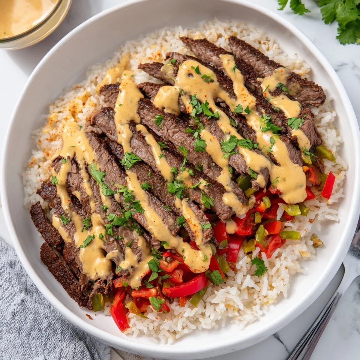 Hearty steak queso rice served in a bowl drizzled with warm queso sauce
