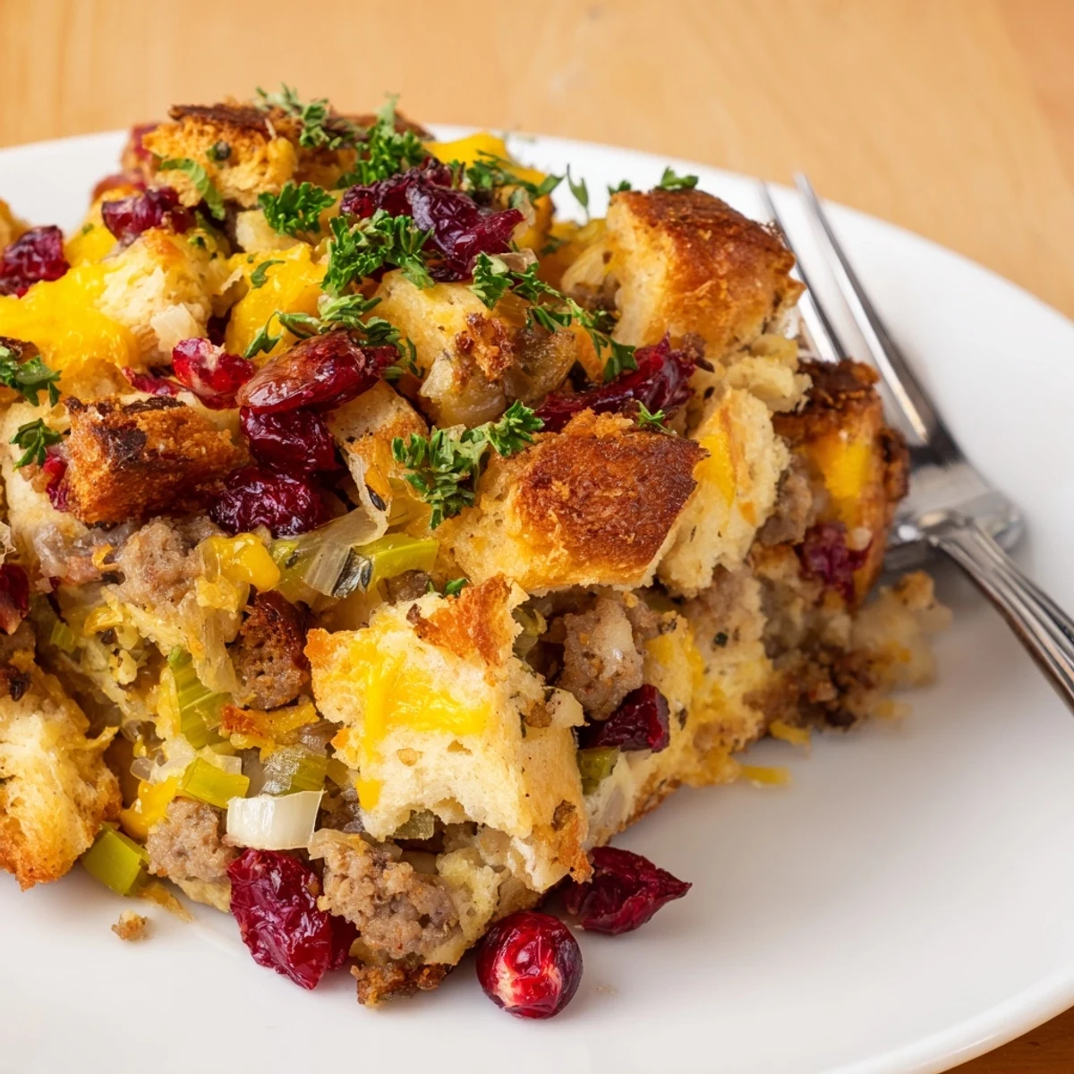 Golden baked cranberry sausage stuffing breakfast casserole with melted cheddar and fresh herbs