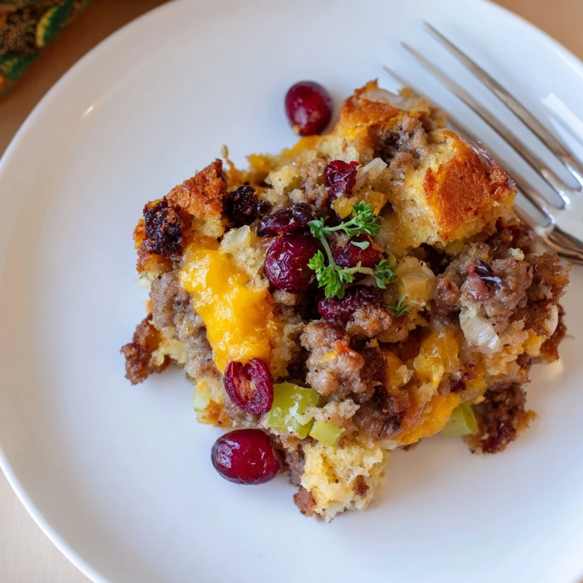 Steaming spoonful of cranberry sausage stuffing breakfast casserole served on a white plate