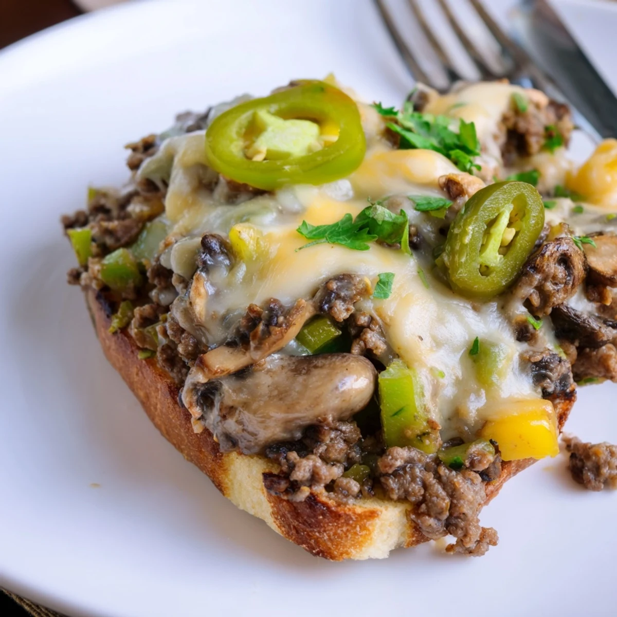 Toasted brioche bun piled high with cheesy Philly Sloppy Joes and sautéed onions