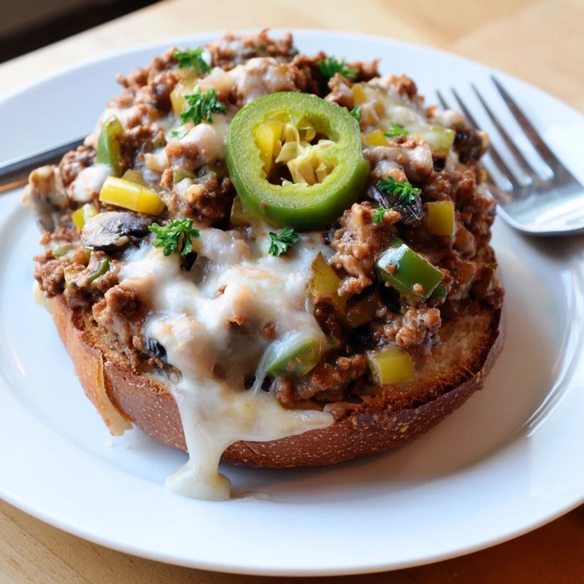 Cheesy Philly Sloppy Joes with melted provolone dripping over juicy beef and peppers