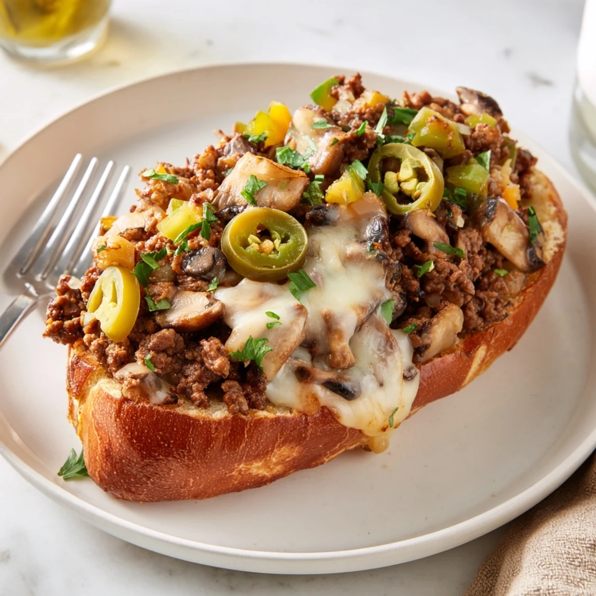 Golden bun overflowing with cheesy Philly Sloppy Joes, gooey cheese, and colorful bell peppers