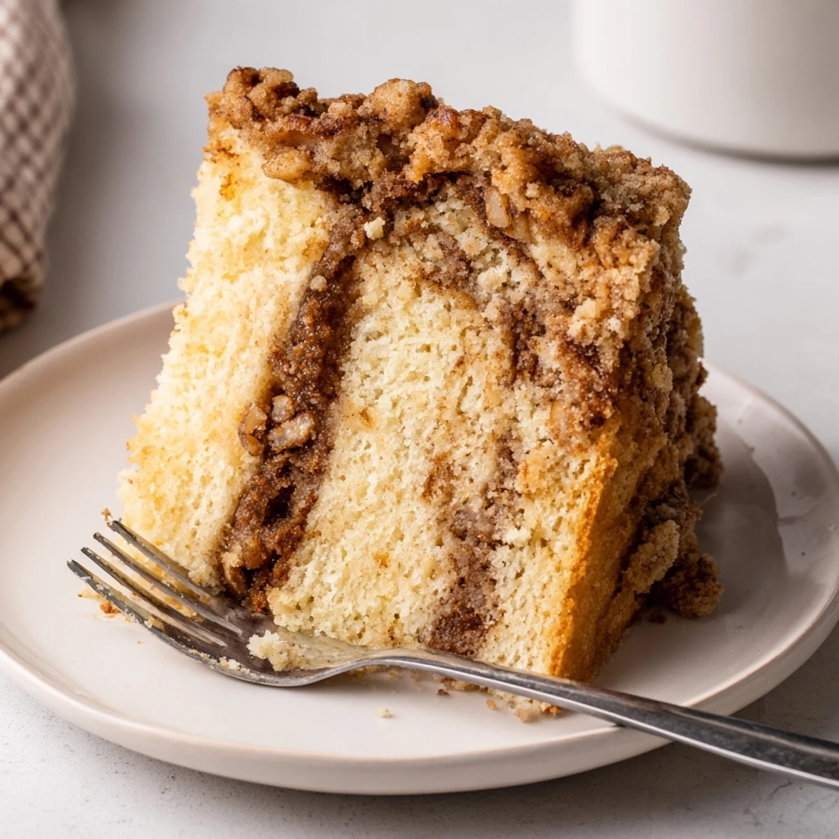 Golden cinnamon pecan crunch coffee cake with a crumbly spiced streusel topping fresh from the oven
