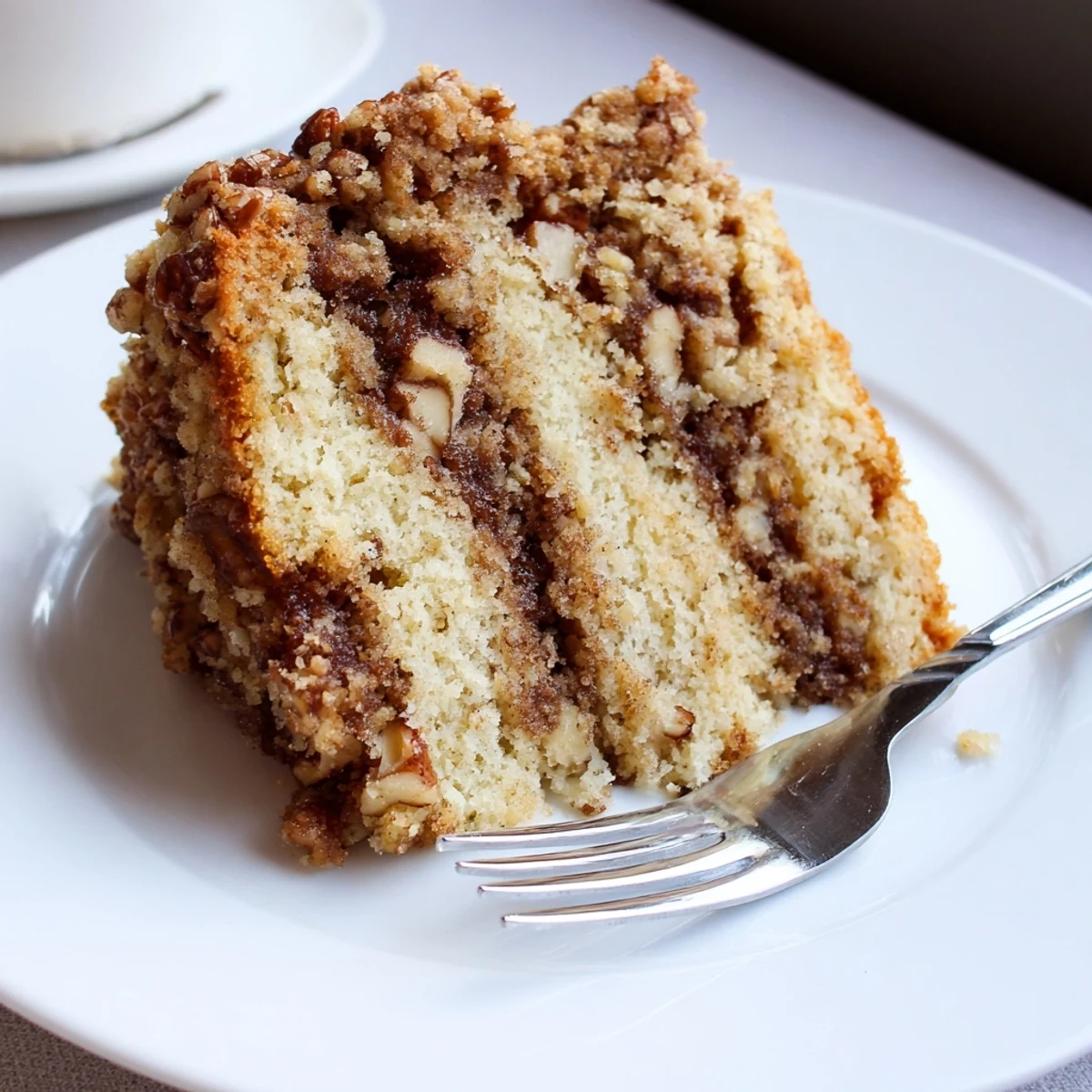 Warm slice of cinnamon pecan crunch coffee cake on a rustic plate beside a coffee mug