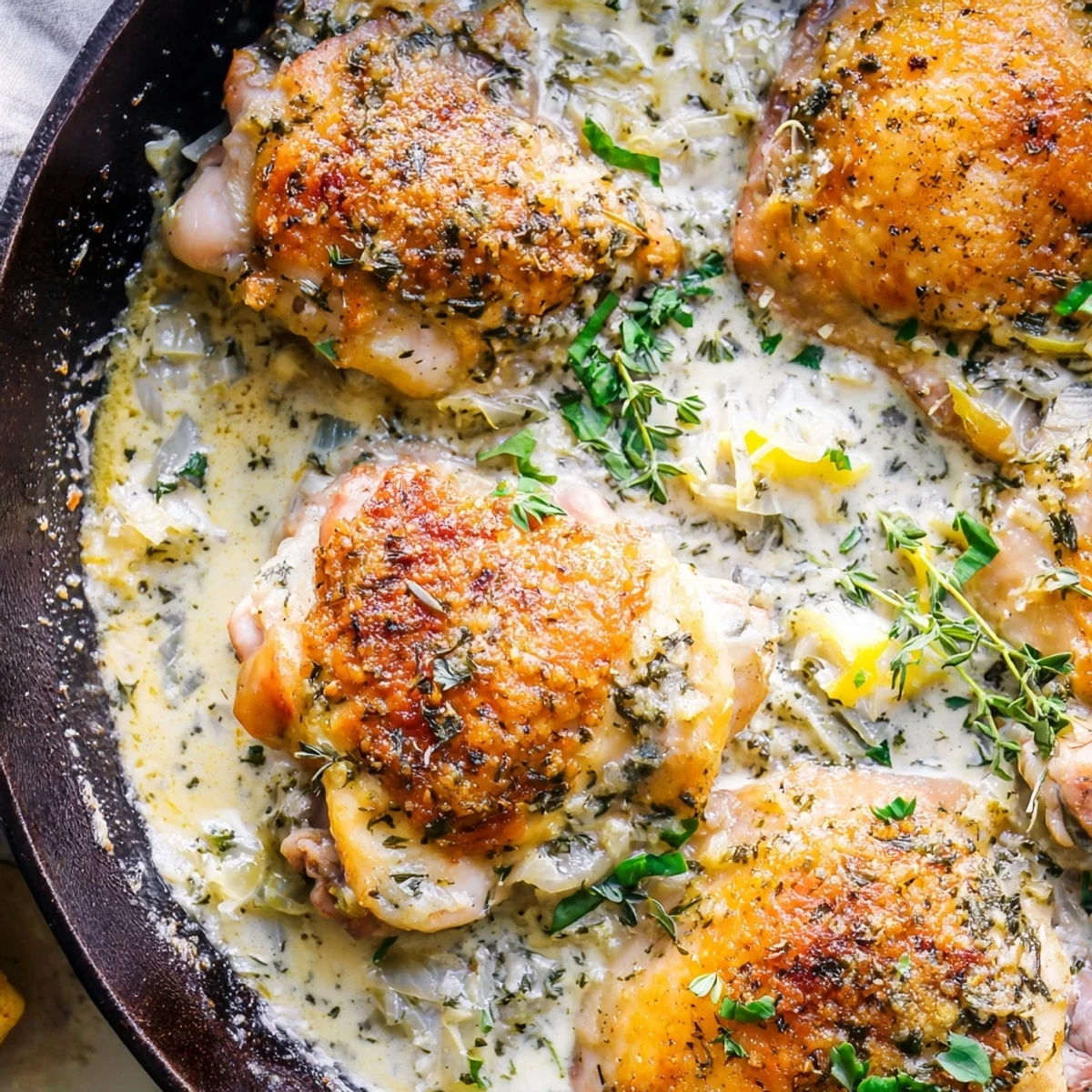 Golden oven baked chicken thighs swimming in a creamy garlic parmesan sauce with herbs