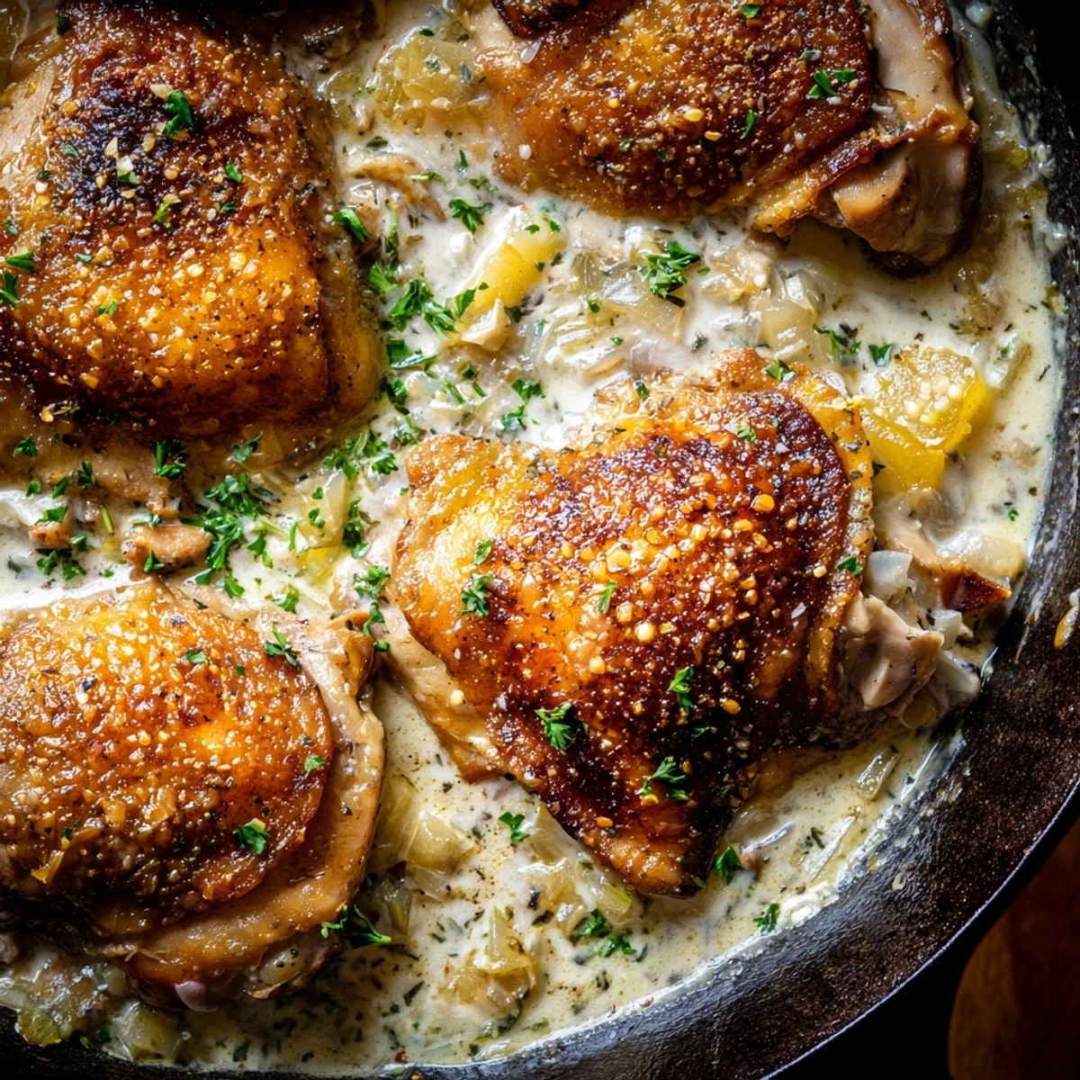 Crispy skinned oven baked chicken thighs nestled in a rich bubbling cream sauce