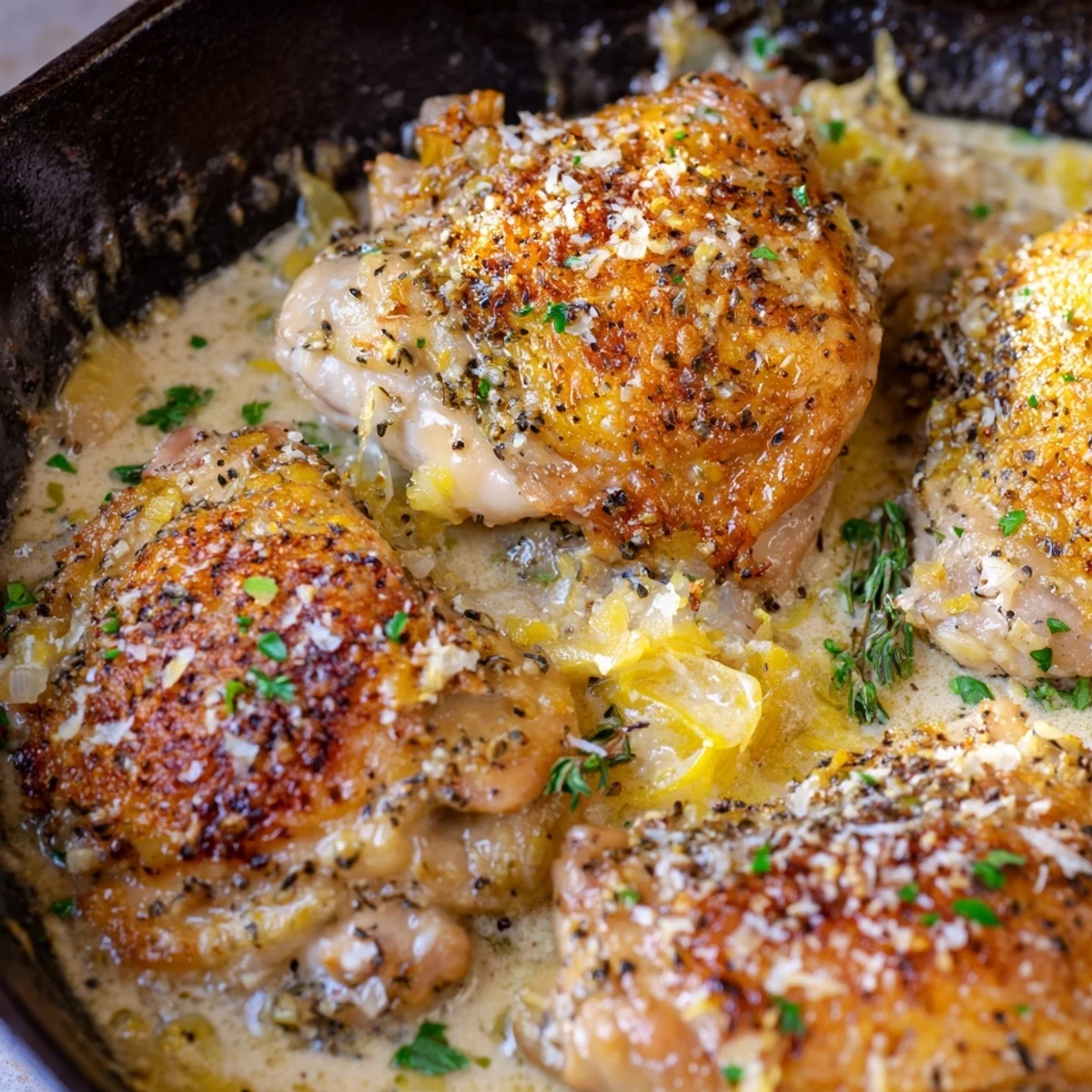 Tender oven baked chicken thighs glazed in smooth parmesan herb cream with fresh parsley