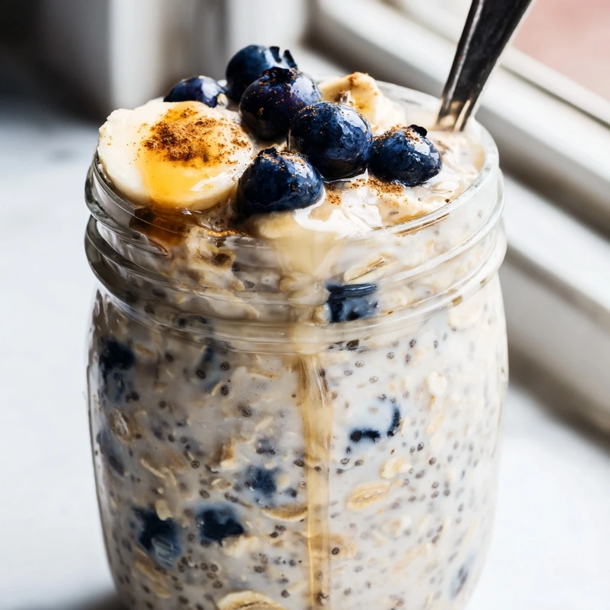 Layered protein overnight oats in mason jars ready for a quick breakfast