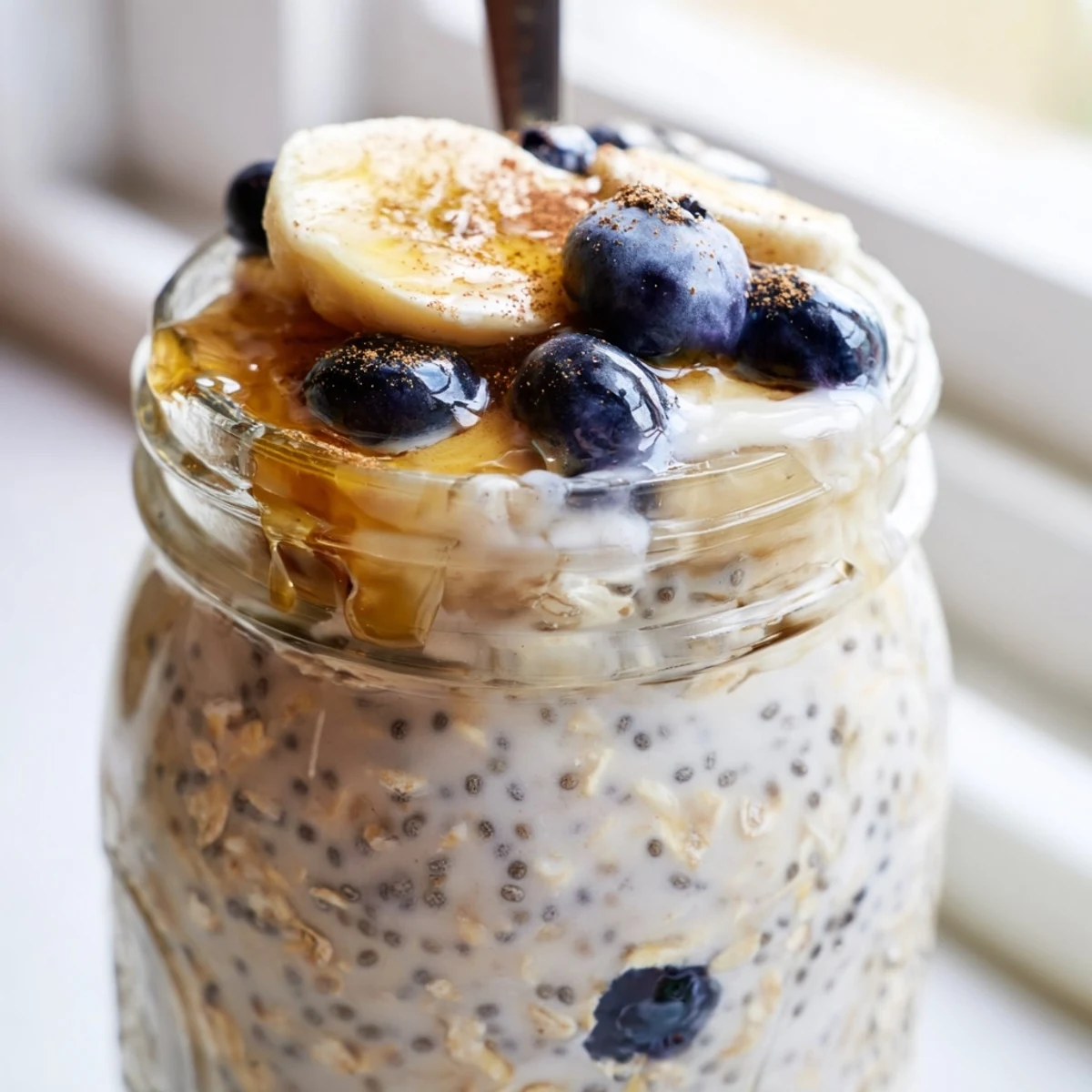 Thick protein overnight oats with sliced banana and a drizzle of nut butter