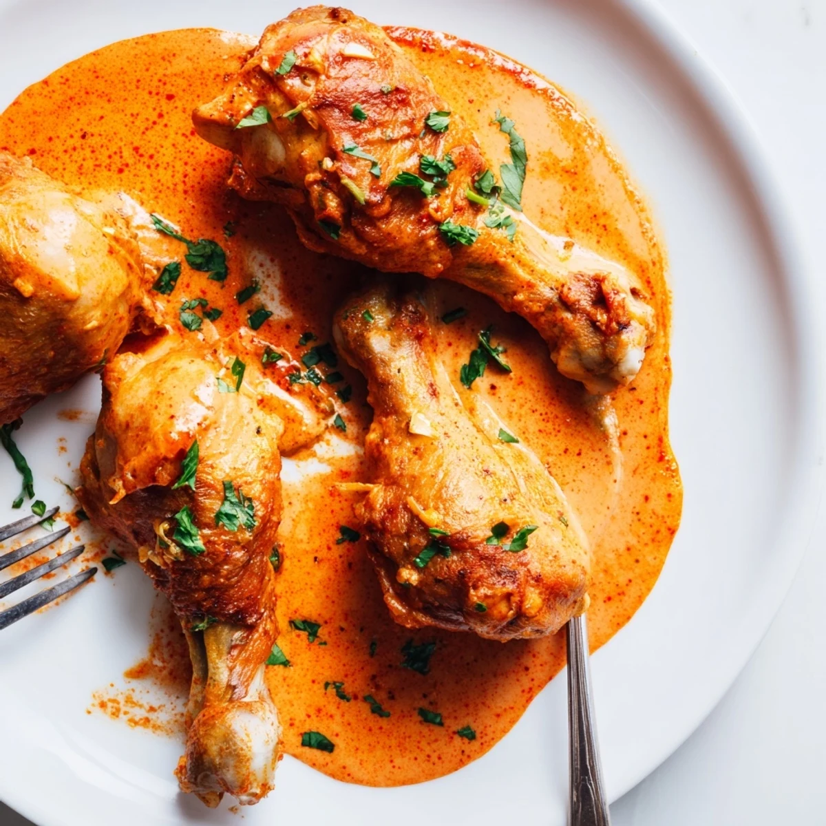 Golden creamy paprika chicken drumsticks glistening in a rich, rust-colored skillet sauce
