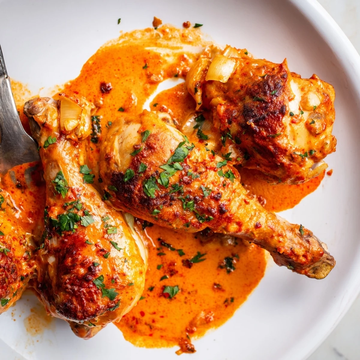 Juicy paprika chicken drumsticks nestled in a velvety cream sauce with fresh parsley garnish