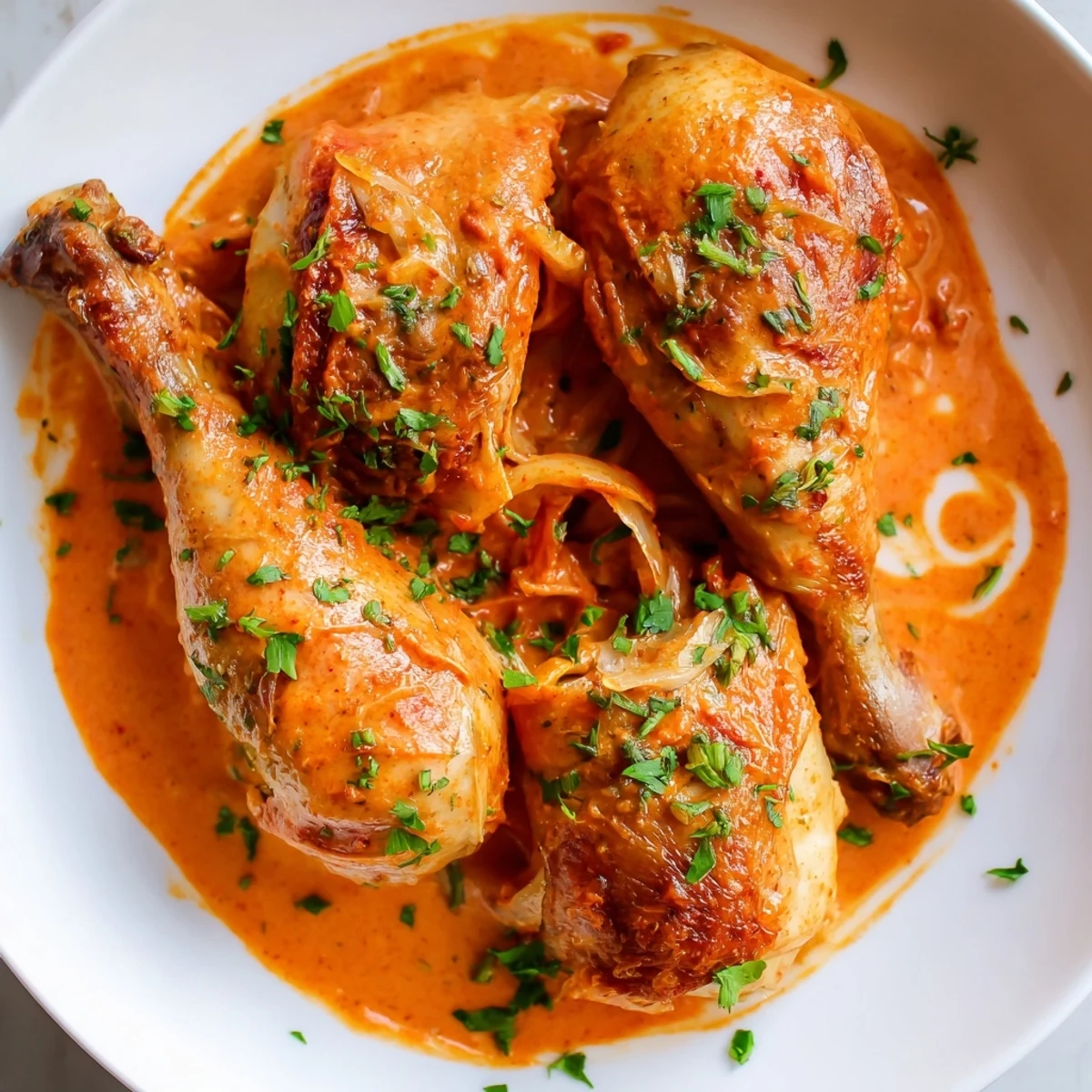 Tender oven-roasted creamy paprika chicken drumsticks coated in a smoky, spiced sauce on a plate