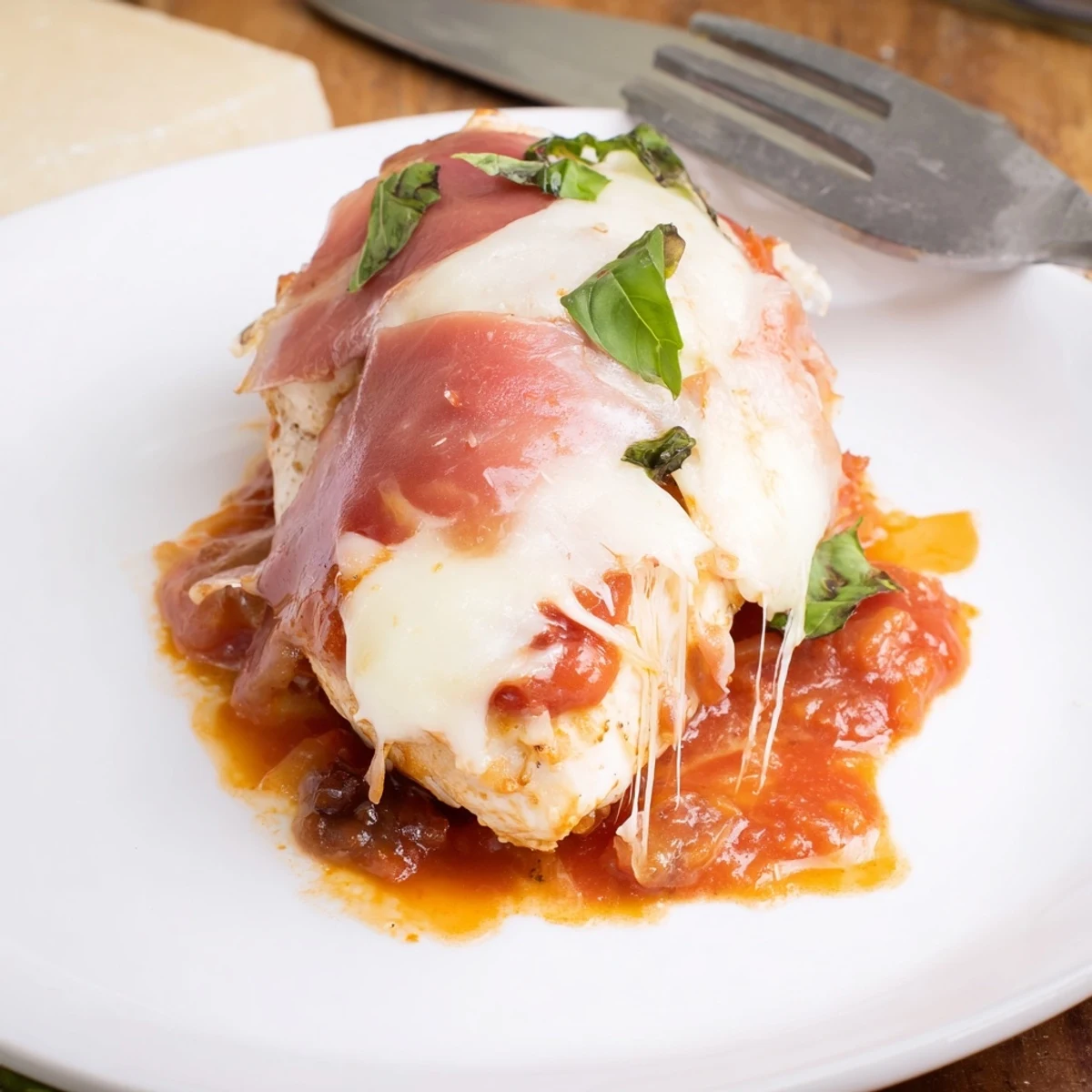 Golden Chicken Valdostana topped with melted Fontina and prosciutto in rich tomato sauce