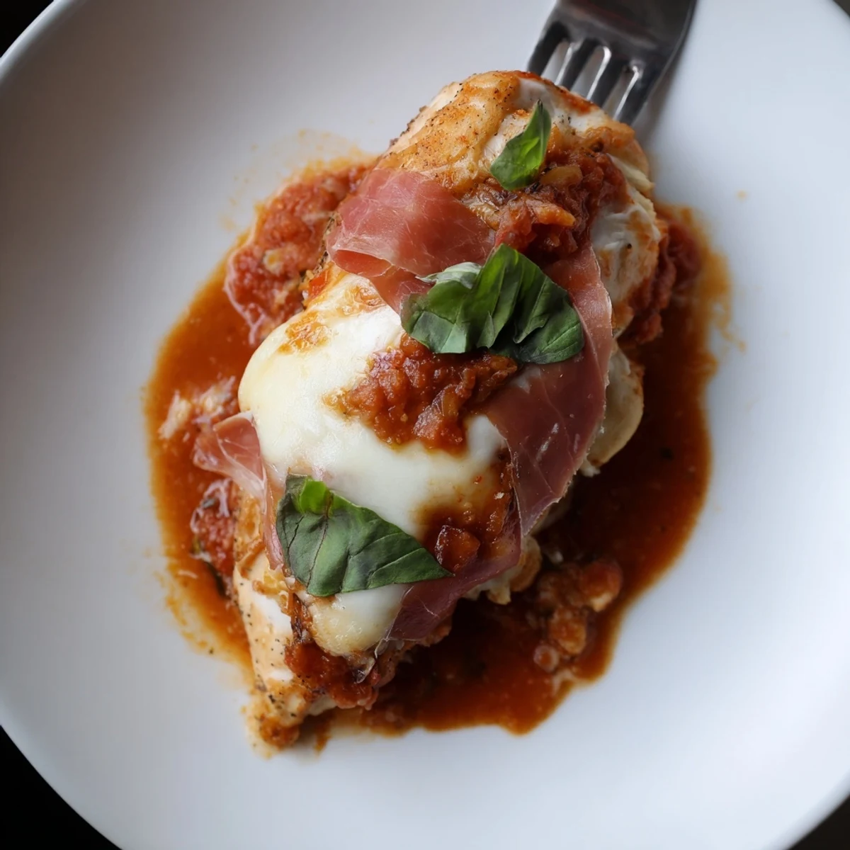 Creamy Chicken Valdostana with bubbly cheese and crispy prosciutto over savory wine sauce