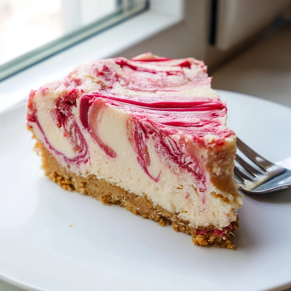 Golden almond flour crust cradles silky keto rhubarb cheesecake filling topped with compote