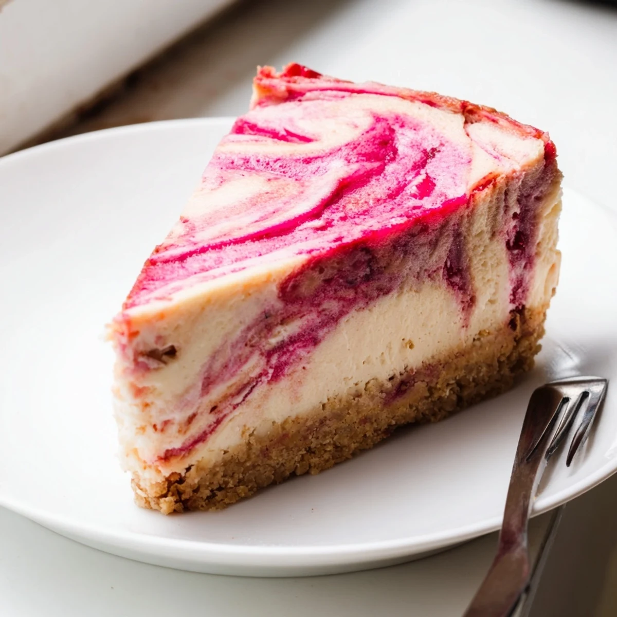 Creamy keto rhubarb cheesecake sliced to reveal a vibrant pink swirl
